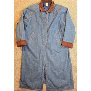 Denim Duster Long Overcoat Lined Corduroy Trim Lightweight Women's Size XL 18-20